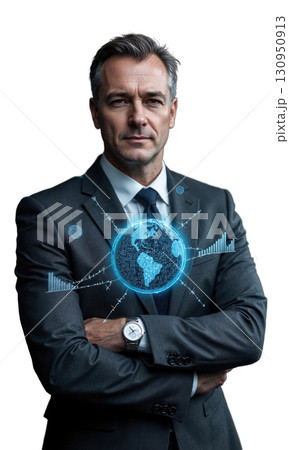 A white male executive in a sleek charcoal gray suit, with holographic data charts and global business connections lighting up 130950913