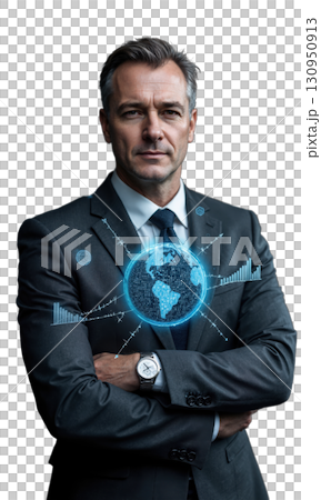 A white male executive in a sleek charcoal gray suit, with holographic data charts and global business connections lighting up 130950913