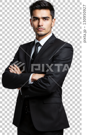 Businessman Black Suit. A young Caucasian man with short dark hair, wearing a black suit, white shirt, and black tie 130950927