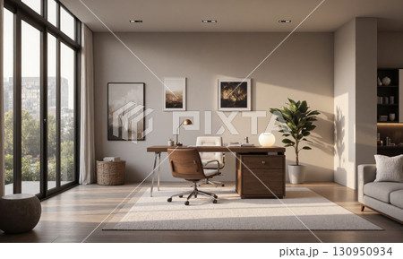 Modern home office with a floating wooden desk, ergonomic chair, and soft, muted decor. Task lighting over the desk provides ideal workspace illumination, 130950934