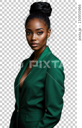 A Black female entrepreneur in an emerald green suit, with data projections of global market expansion and financial success radiating 130950966