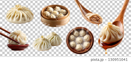 Set of Xiao Long Bao baozi, tangbao, soup dumplings, Chinese steamed bun, broth and meat filling, spoon chopstick, steam boil isolated on transparent cutout PNG. Many different Mockup 130951041