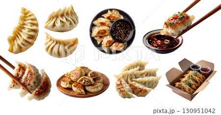 Set of dumplings jiaozi Gyoza Pierogi mandu wonton, chopstick, takeaway box, plate, with sauce, fried steam boil isolated on transparent cutout PNG. Many different Mockup template Set of dumplings jiaozi Gyoza Pierogi mandu wonton, chopstick, takeaway box, plate, with sauce, fried steam boil isolated on transparent cutout PNG. Many different Mockup template 130951042