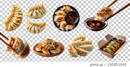 Set of dumplings jiaozi Gyoza Pierogi mandu wonton, chopstick, takeaway box, plate, with sauce, fried steam boil isolated on transparent cutout PNG. Many different Mockup template Set of dumplings jiaozi Gyoza Pierogi mandu wonton, chopstick, takeaway box, plate, with sauce, fried steam boil isolated on transparent cutout PNG. Many different Mockup template 130951042
