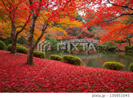 日本庭園の紅葉と橋|秋の絶景・観光スポット・紅葉名所に使えるフリー素材写真 日本庭園の紅葉と橋|秋の絶景・観光スポット・紅葉名所に使えるフリー素材写真 130951045
