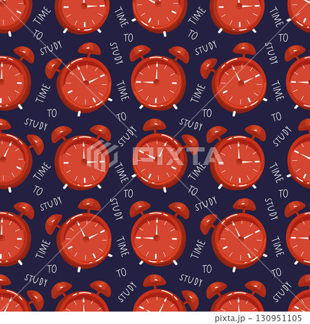 Seamless pattern with red alarm clocks and quotes time to study on a dark blue background, vector illustration Seamless pattern with red alarm clocks and quotes time to study on a dark blue background, vector illustration 130951105