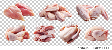 Set of fresh raw white meat, chicken turkey wing whole drumstick thigh breast, sliced chop cut pile isolated on transparent cutout PNG file. Many different cut. Mockup template  130951113