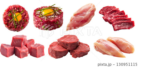 Set of fresh raw white and red meat, chicken turkey steak beef pork lamb tartare wagyu tenderloin, sliced pile minced isolated on transparent cutout PNG. Many different cut. Mockup 130951115