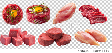 Set of fresh raw white and red meat, chicken turkey steak beef pork lamb tartare wagyu tenderloin, sliced pile minced isolated on transparent cutout PNG. Many different cut. Mockup 130951115