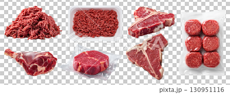 Set of fresh raw red meat, chicken turkey steak beef pork hamburger lamb t-bone tenderloin, sliced pile minced isolated on transparent cutout PNG. Many different cut. Mockup 130951116