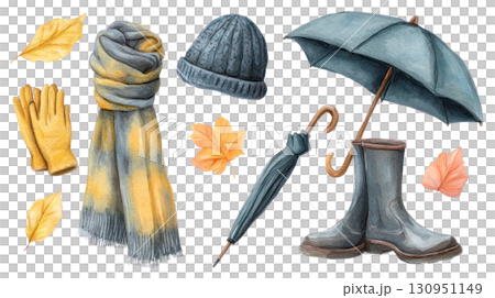 Watercolor illustration of cozy autumn accessories including scarf, gloves, umbrella, hat, and rubber boots with leaves. Isolated on transparent background. PNG, cutout Watercolor illustration of cozy autumn accessories including scarf, gloves, umbrella, hat, and rubber boots with leaves. Isolated on transparent background. PNG, cutout 130951149