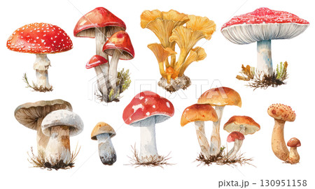 Colorful mushroom illustration featuring various species with distinct shapes and textures in a natural setting. Isolated on transparent background. PNG, cutout 130951158