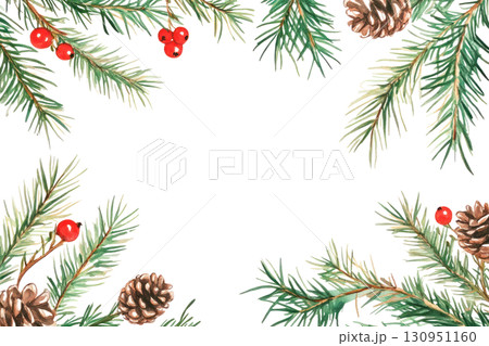 Watercolor illustration of pine branches, red berries, and pine cones creating a festive holiday frame with copy space. Isolated on transparent background. PNG, cutout 130951160