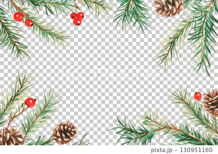 Watercolor illustration of pine branches, red berries, and pine cones creating a festive holiday frame with copy space. Isolated on transparent background. PNG, cutout 130951160