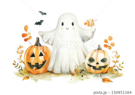 Cute ghost illustration surrounded by smiling pumpkins and autumn leaves with a whimsical Halloween theme. Isolated on transparent background. PNG, cutout 130951164