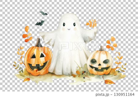 Cute ghost illustration surrounded by smiling pumpkins and autumn leaves with a whimsical Halloween theme. Isolated on transparent background. PNG, cutout 130951164