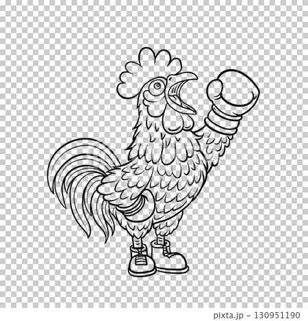 Black and white cartoon of a chicken wearing boxing gloves 130951190