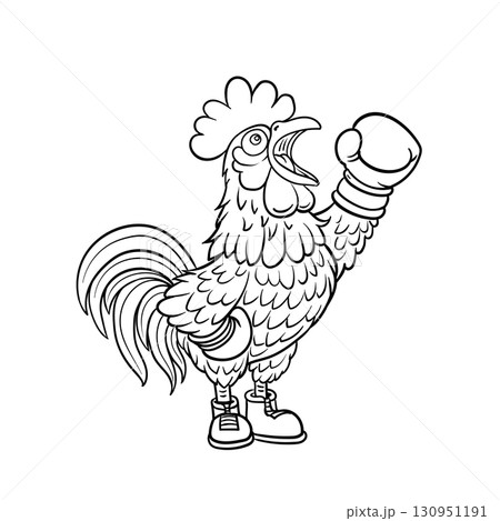 Black and white cartoon of a chicken wearing boxing gloves Black and white cartoon of a chicken wearing boxing gloves 130951191
