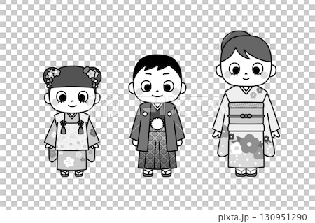 A monochrome, hand-drawn illustration of a girl in a four-piece kimono, a boy in a haori and hakama, and a young girl in a hifu kimono. 130951290