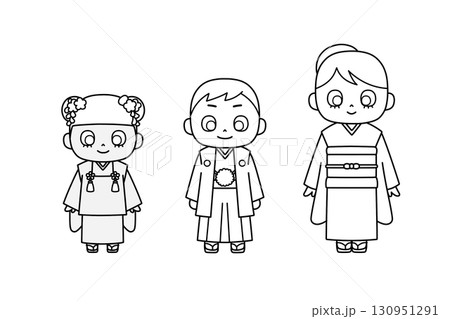 四つ身着物の少女、羽織袴の少年、被布着物の幼女を描いた線画イラスト 四つ身着物の少女、羽織袴の少年、被布着物の幼女を描いた線画イラスト 130951291