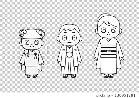 四つ身着物の少女、羽織袴の少年、被布着物の幼女を描いた線画イラスト 四つ身着物の少女、羽織袴の少年、被布着物の幼女を描いた線画イラスト 130951291