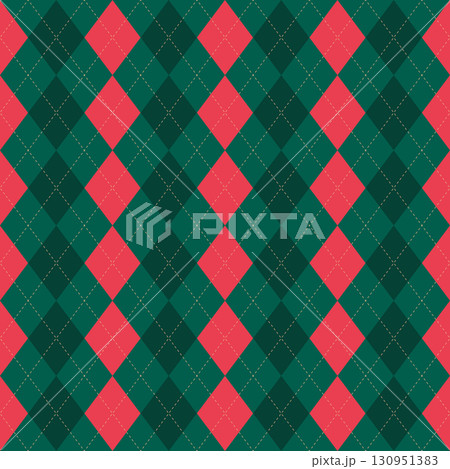 Christmas rhombus seamless pattern. Red green xmas plaid texture with gold line. Argyle geometric diamond pattern. Christmas abstract design wrapping bg. Vector illustration isolated on background 130951383