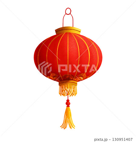 Red paper lantern with golden tassel, festive and ornate 130951407