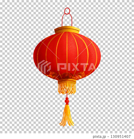 Red paper lantern with golden tassel, festive and ornate 130951407