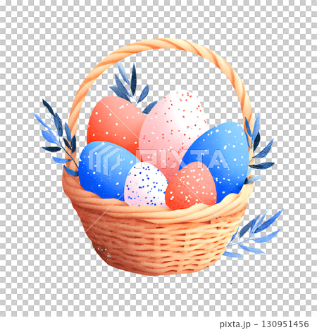 Colorful Easter egg basket with blue leaves, festive 130951456