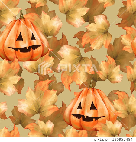 Hand-drawn seamless pattern with jack-o'-lanterns and autumn leaves. Festive design for fall, Halloween themes with pumpkins Hand-drawn seamless pattern with jack-o'-lanterns and autumn leaves. Festive design for fall, Halloween themes with pumpkins 130951484