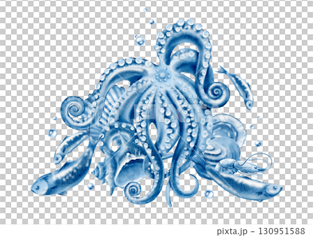 Marine life in blue monochrome-an octopus,oysters,sardines,shrimp,seashells with air bubbles,hand-drawn in a watercolor composition for fish restaurants and markets.For packaging, isolated on a white 130951588