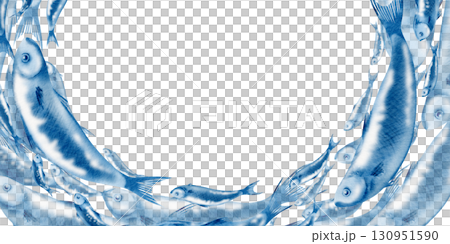 Sardine fish in a semicircular frame swimming in a shoal stylized watercolor illustration on a transparent background for fish restaurants, websites, posters, fish markets and stores 130951590