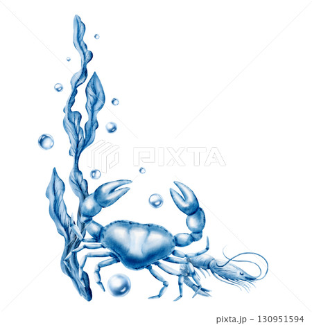 Seafood corner composition featuring crab,shrimp,seaweed,air bubbles,captured in soft blue monochrome.Hand-drawn watercolor clipart isolated on white for fish restaurant menu or marine parties 130951594
