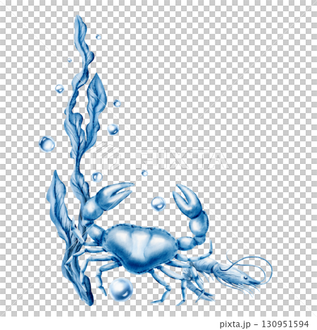 Seafood corner composition featuring crab,shrimp,seaweed,air bubbles,captured in soft blue monochrome.Hand-drawn watercolor clipart isolated on white for fish restaurant menu or marine parties 130951594