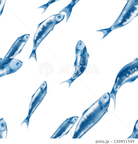 Sardine fish in diagonal swimming seamless pattern in stylized watercolor illustration on a transparent background for the holiday sardine funeral,fish restaurants,posters,fish markets and stores 130951595
