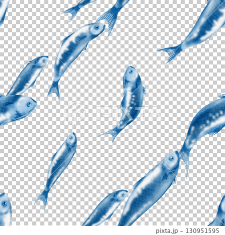 Sardine fish in diagonal swimming seamless pattern in stylized watercolor illustration on a transparent background for the holiday sardine funeral,fish restaurants,posters,fish markets and stores 130951595