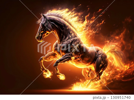 燃える炎と走る馬の3dイラスト 130951740