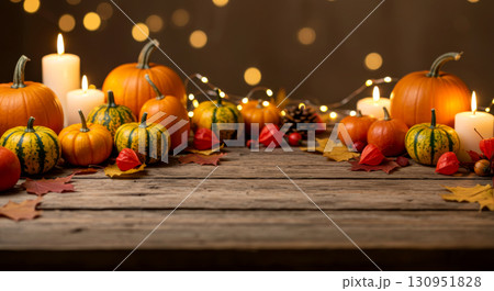 Thanksgiving background with pumpkins, candles, and autumn leaves on a rustic wooden table. 130951828