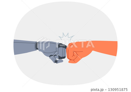 Synergy of robot and human joining fists as sign of solidarity and willingness to cooperate 130951875
