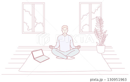 Engaging in Meditation Within a Serene Space Accompanied by a Laptop for Inner Calm 130951963