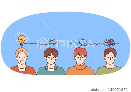 Men brainstorm together and organize chaotic thoughts into idea in form of light bulb above heads 130951972