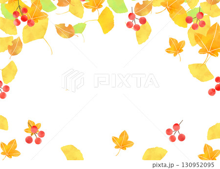 水彩風 赤い実と落ち葉の秋の背景イラスト 水彩風 赤い実と落ち葉の秋の背景イラスト 130952095
