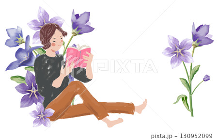 桔梗の花と読書する女性 130952099