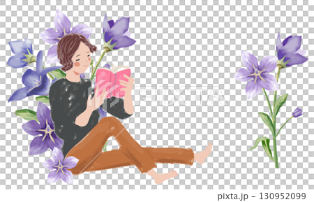 Bellflower flower and a woman reading 130952099