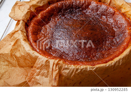 Closeup Homemade Basque burnt cheesecake immediately after baking 130952285