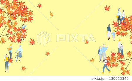 赤く紅葉した美しい紅葉の下を歩く人々のオシャレなベクター秋背景素材フレーム 130953343
