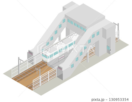 アイソメトリックな電車と駅舎とホームのイメージ素材 130953354