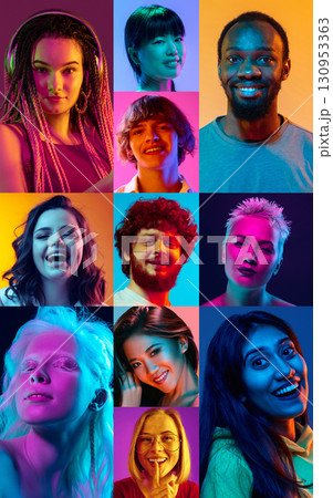 Colorful collage of diverse faces in neon light artistic style 130953363