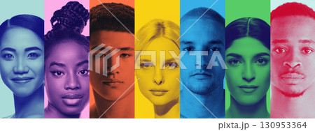 Monochrome style portraits of seven diverse people in bold colors 130953364