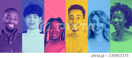Composition with artistic portraits of diverse people in vibrant duotone backgrounds. 130953375